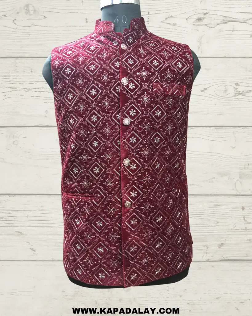 623 Velvet EMB Nehru Jacket -Maroon/44