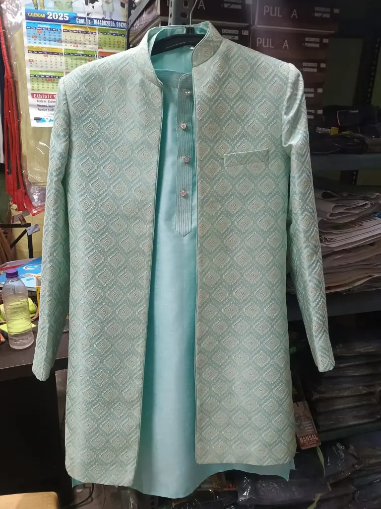 Long Koti Kurta and pajama Sherwani Set(Exora)-Sky blue/Free Size