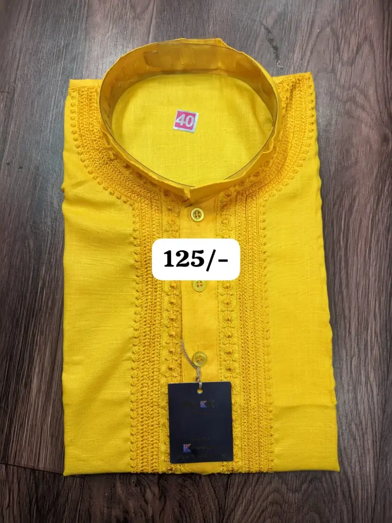 Collar Design Plain Kurta Yellow/40