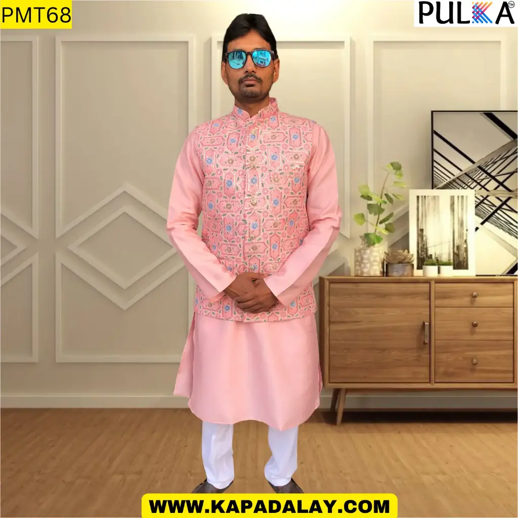 Pink Embroidered Ethnic Koti for Men